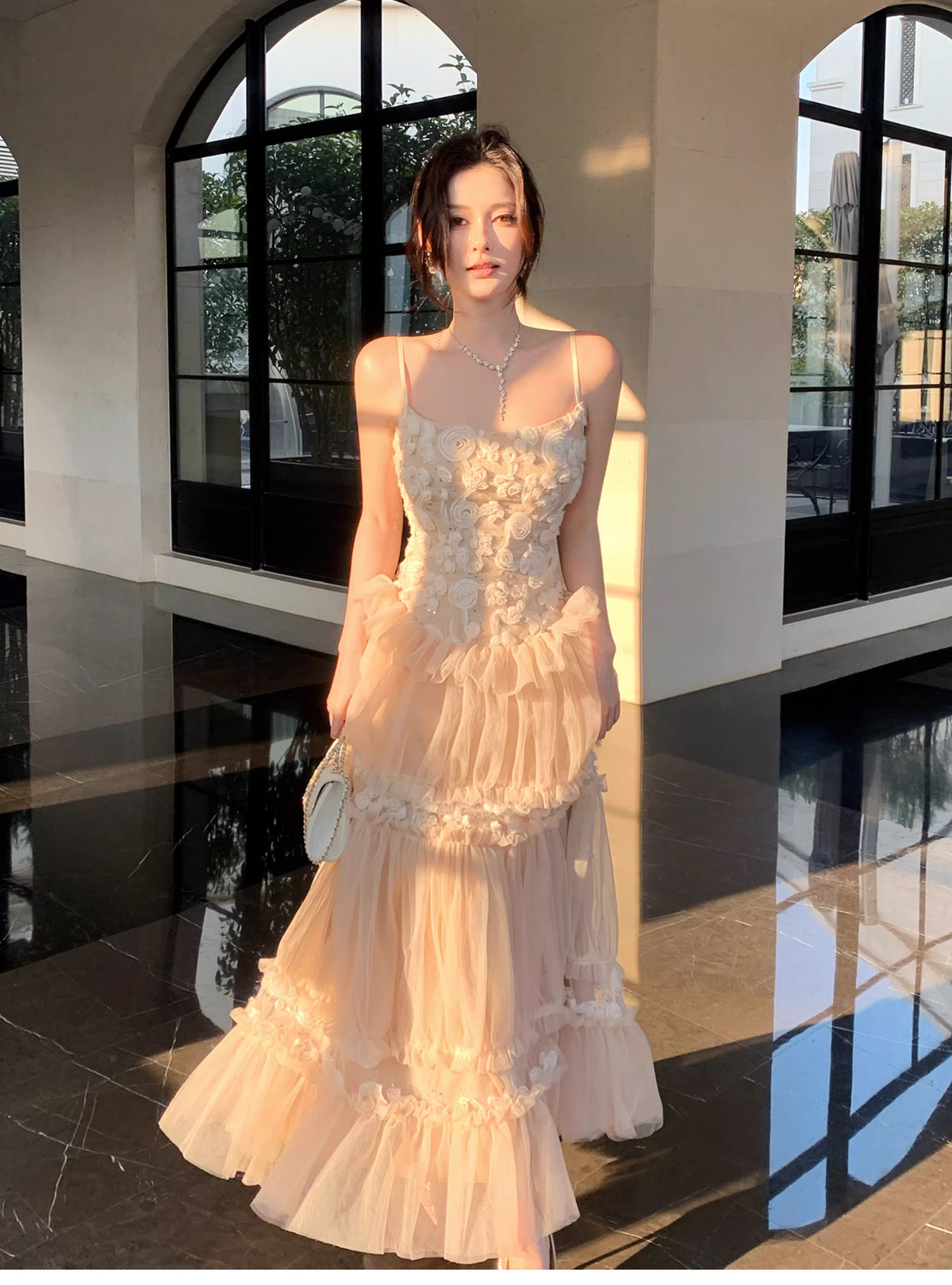 Cute Spaghetti Straps Light Pink Tulle A Line Long Birthday Prom Dress Party Gown SP1505