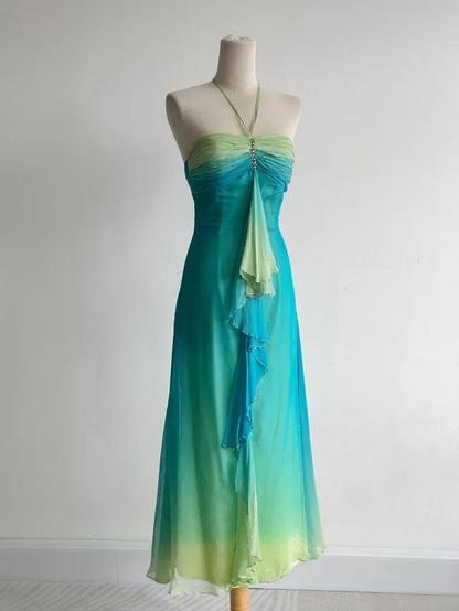 Unique Halter Ombre Chiffon Long Birthday Party Dress Evening Gown