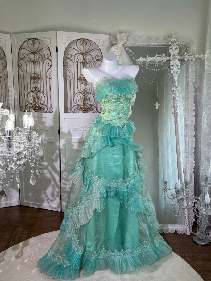 Charming Mint Green Tulle Beaded Ruffles Long Wedding Guest Dress Strapless Birthday Party Dress SP1457