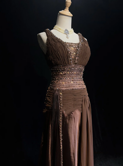 Vintage Brown Satin Chiffon Beaded Mermaid Long Party Dress Birthday Prom Dress SP1860