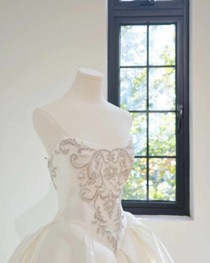 Elegant Strapless White Satin Beaded Ball Gown Long Wedding Dress