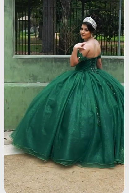 Green Off the Shoulder Quinceañera Dress Sweet 16 Dress Lace-up Ball Gown c3467