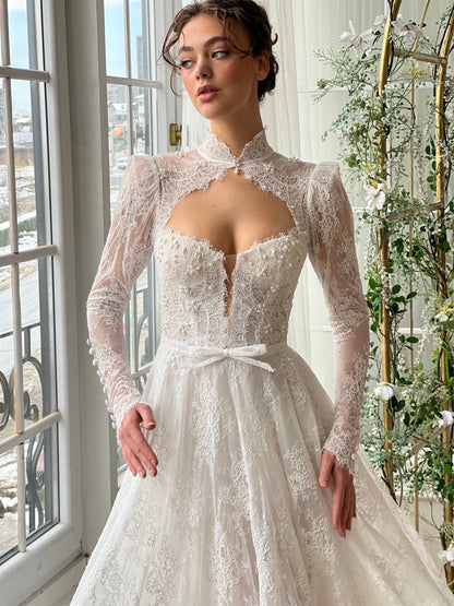 Vintage High Neck Floral Lace Long Sleeve A-Line Wedding TP5914