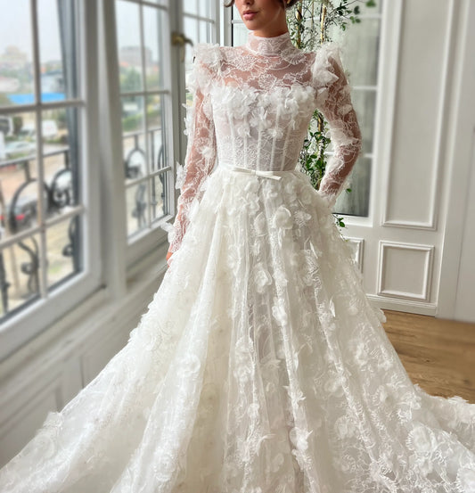 Elegant Ivory Strapless Sweetheart 3D Floral Sparkly Mermaid Detachable Tulle Beaded Long Train Wedding Dress TP5908
