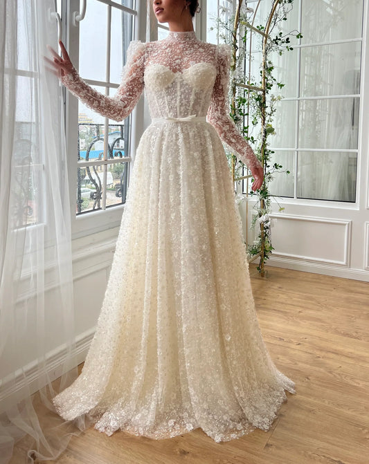 Elegant 3D Floral Sequin Beaded Sheer High Neck Illusion Long Sleeve 3D Floral Sequin Beaded Corset A-Line Wedding Dress TP5909