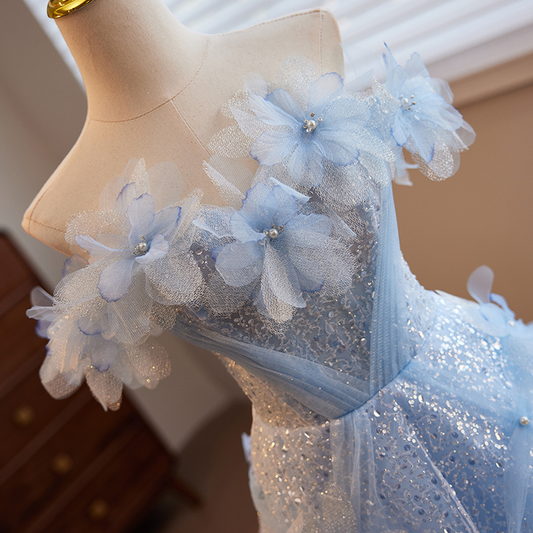 Fairy Blue Sequins Tulle Off the Shoulder 3D Flower Prom Dress Ball Gown cc2217