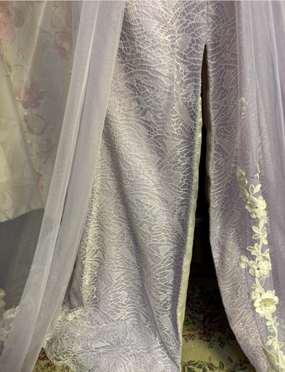 Pretty Strapless Tulle Lace Appliques Beaded Mermaid Slit Evening Dress Purple Birthday Party Gown
