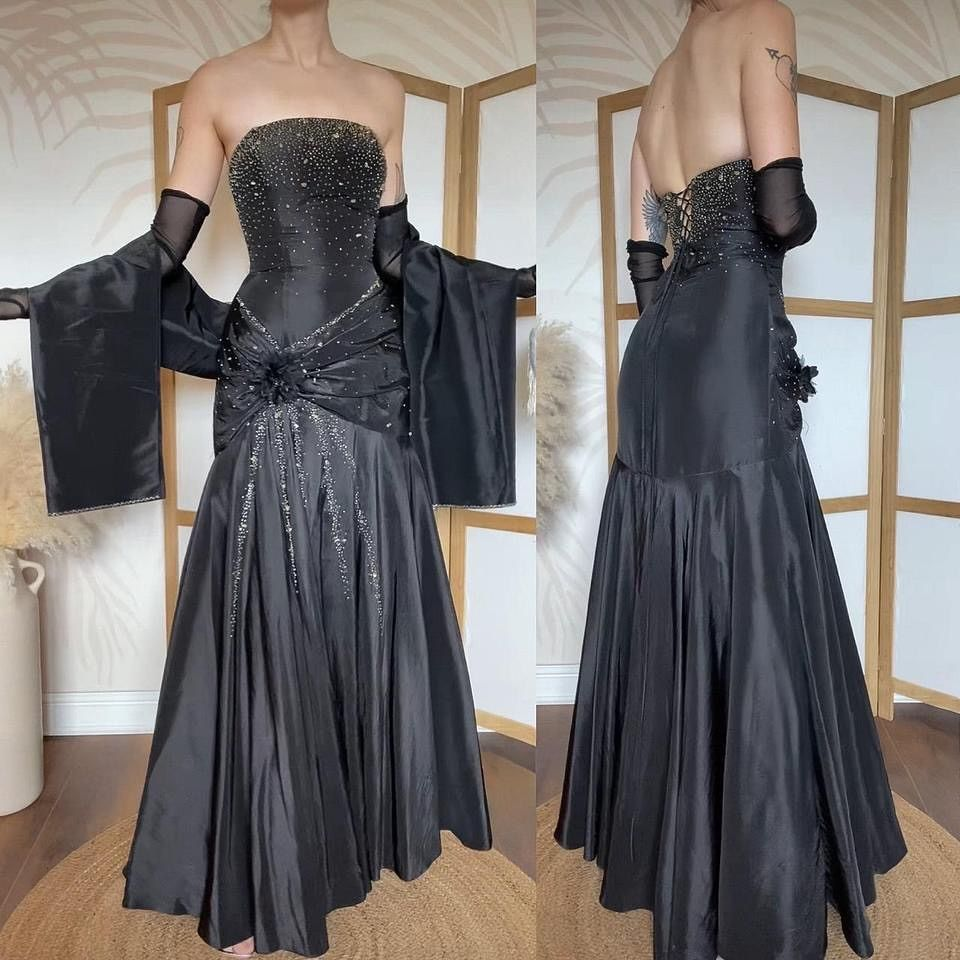 Vintage Strapless Black Satin Pleated Beaded Mermaid Long Evening Dress Birthday Prom Dress SP1298