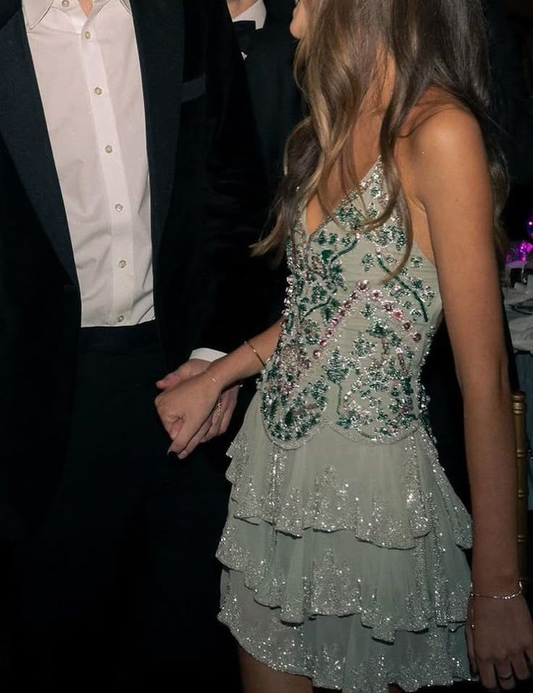 Gorgeous Spaghetti Straps Mint Green Chiffon Sequin Beaded Homecoming Dress Cocktail Dress Formal Birthday Outfits Y8936