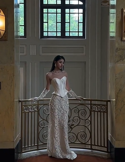 Fairy Strapless White Lace Pearls Mermaid Evening Dress Birthday Party Gown With Gloves