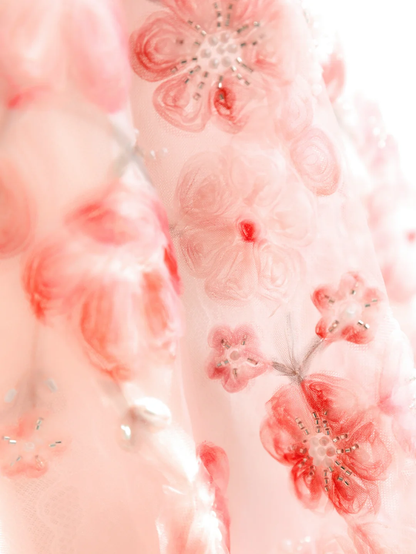 Pretty Pink Strapless Tulle Beaded Appliques Long Birthday Party Dress Prom Gown SP1511