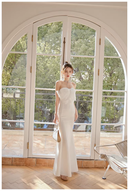 Classy White Strapless Bow Satin Mermaid Long Wedding Guest Dress Formal Evening Dress Prom Gown