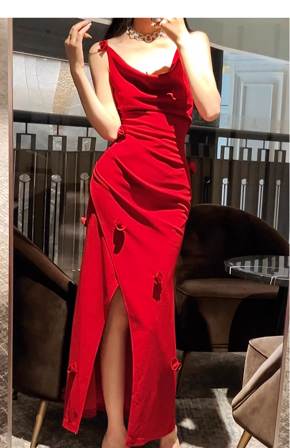Sexy Red Satin Pleated Slit Mermaid Party Dress Long Wedding Guest Dress SP2001