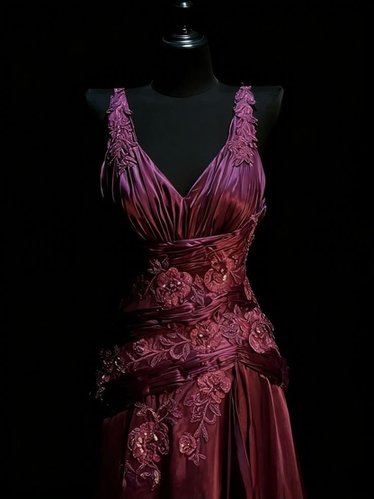 Vintage Grape V Neck Satin Appliques Sleeveless Long Evening Dress Prom Dress SP1727