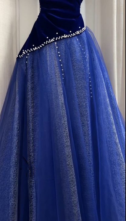Elegant Strapless Royal Blue Velvet Tulle Beaded Long Party Dress Formal Birthday Prom Gowns SP2048