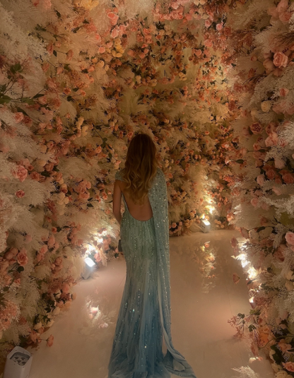 Pretty Ombre Blue Chiffon Sequin Beaded Mermaid Long Party DressBackless Evening Gown