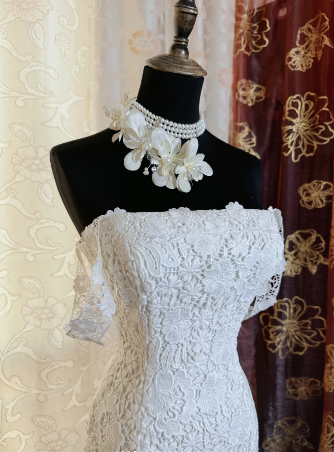 Elegant Spaghetti Straps White Lace Mermaid Long Party Dress Birthday Prom Dress SP1945