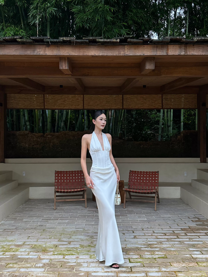 Classy White Halter Satin Mermaid Long Evening Dress Birthday Prom Dress Party Gown