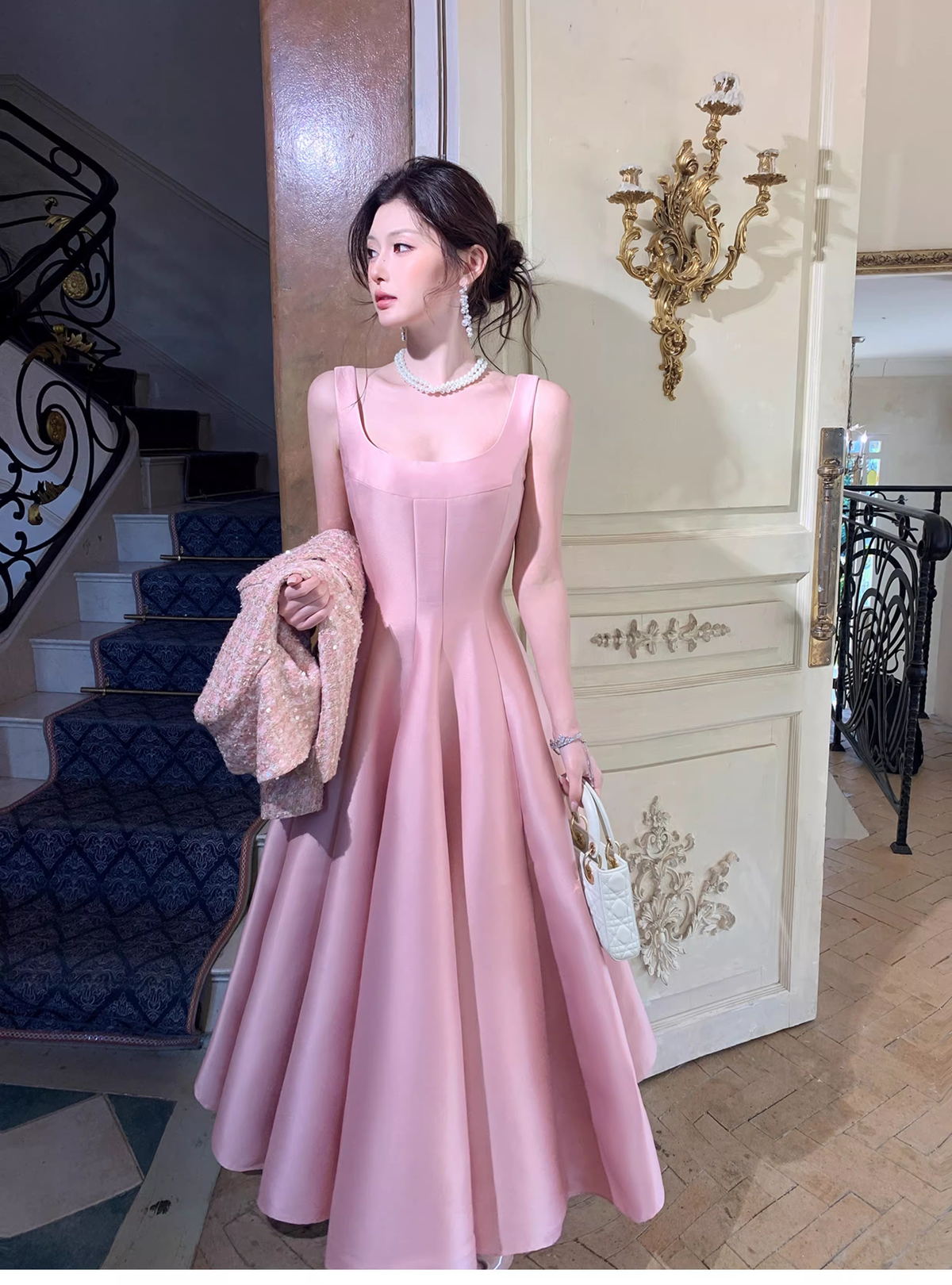 Elegant Pink Sleeveless Satin A Line Long Birthday Evening Dress Formal Wedding Guest Dress SP1652