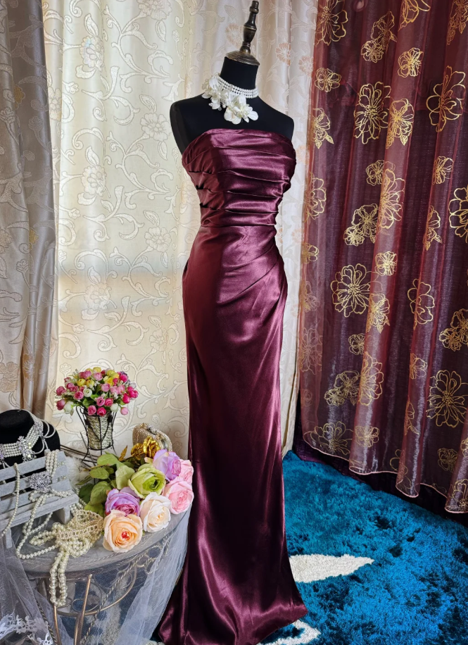 Elegant Burgundy Strapless Satin Pleated Mermaid Long Evening Dress Prom Dresses SP1621