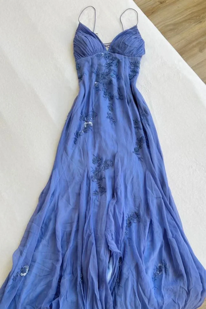 Blue Vintage Elegant V Neck Exquisite Embroidery Applique Beading Long Chiffon prom dress Evening Gown Party Dress gh3408