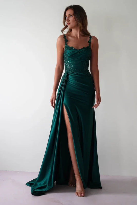 Fashion A-Line Sweetheart Neck Sleeveless Thin Shoulder Strap Satin Floor-Length Evening Gowns