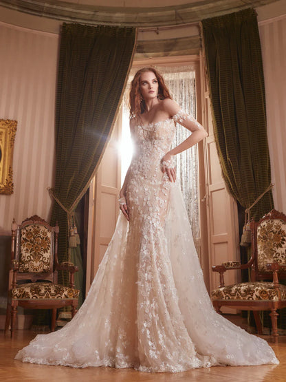 Gorgeous Ivory Lace Applique Off-the-shoulder A-Line Wedding Dress TP4595