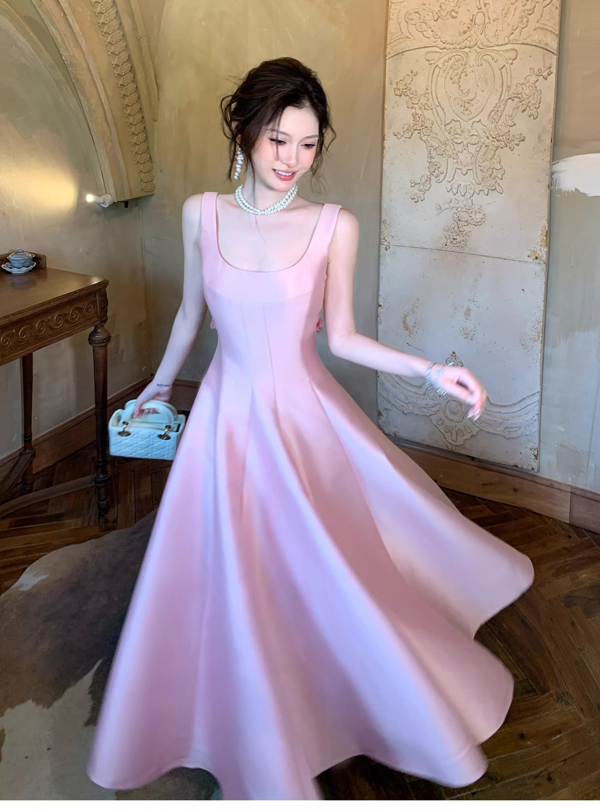 Elegant Pink Sleeveless Satin A Line Long Birthday Evening Dress Formal Wedding Guest Dress SP1652