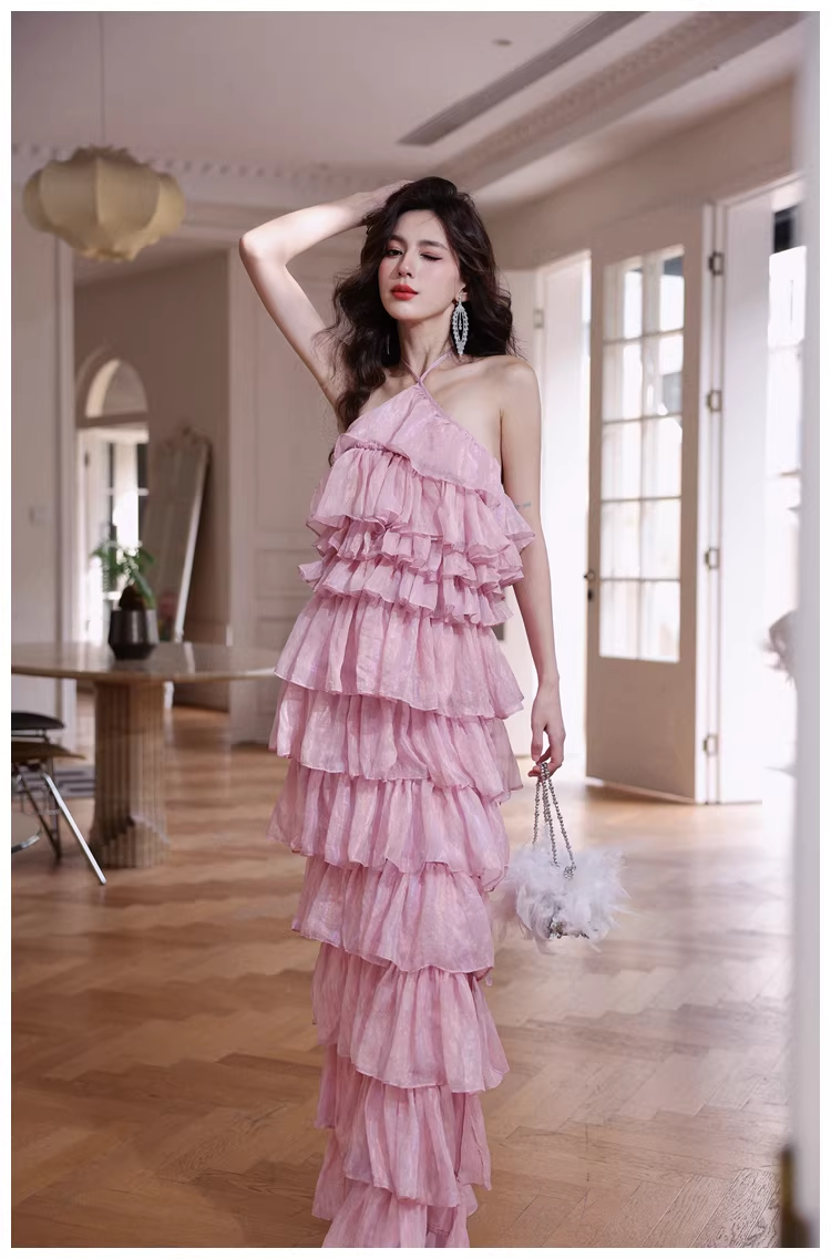 Pretty Pink Halter Chiffon Ruffle Layered Slit Long Birthday Prom Dress Evening Gown
