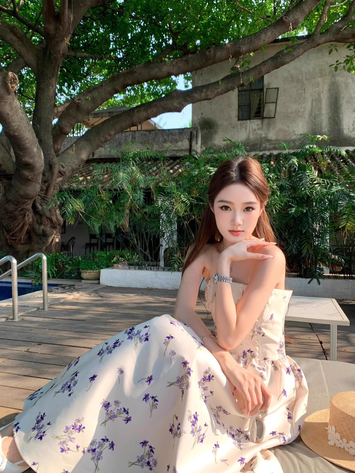 Sweet Strapless Off White Satin Print Floral A Line Long Evening Dress Birthday Dress SP2029