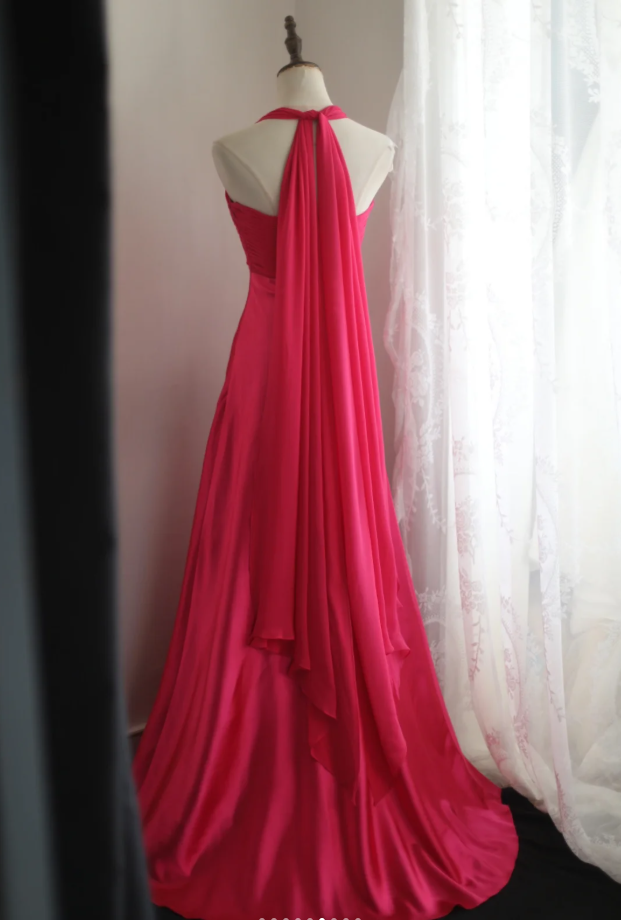 Glamorous Halter Hot Pink Satin Chiffon Mermaid Long Party Dress Formal Birthday Prom Gowns With Cape