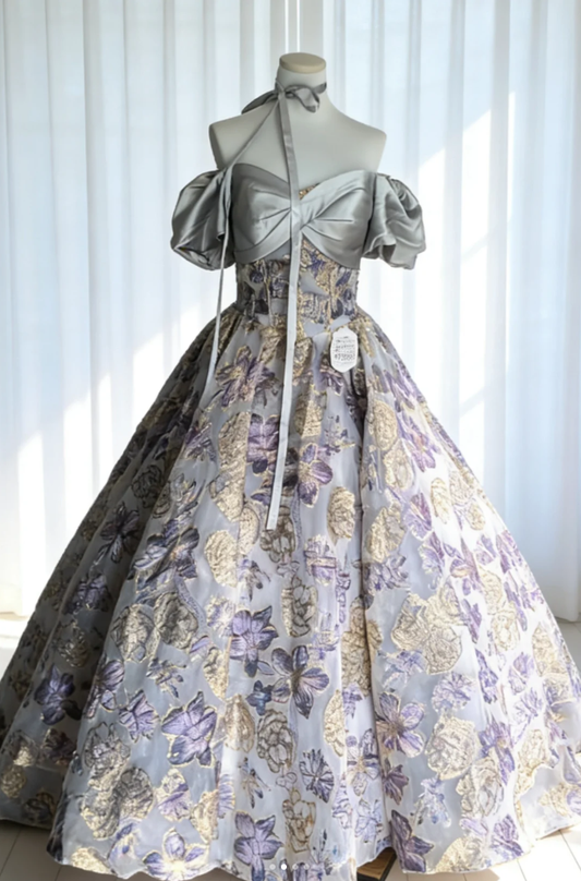 Charming Purple Satin Print Floral Ball Gown Off The Shoulder Formal Quinceanera Dress SP1634