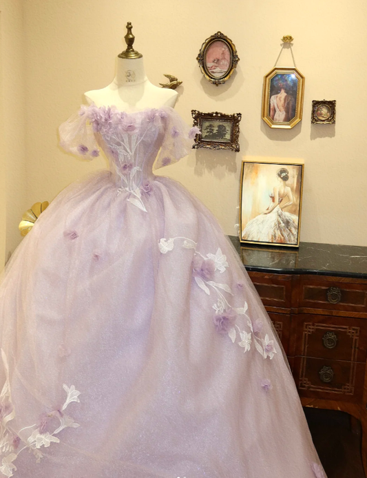 Fairy Off The Shoulder Ball Gown Purple Tulle Appliques Birthday Quinceanera Dress SP1659
