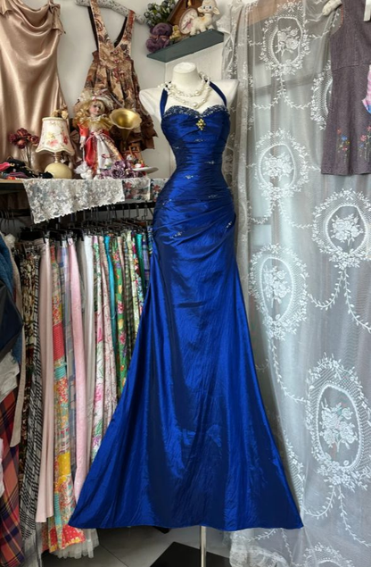 Vintage Blue Halter Satin Beaded Mermaid Evening Dress Prom Gown Long Wedding Guest Dress SP1473