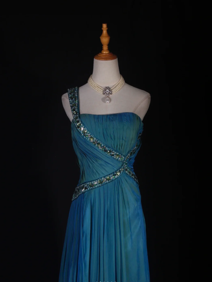 Unique Blue One Shoulder Satin Pleated Beaded Mermaid Prom Dress Long Birthday Evening Gowns
