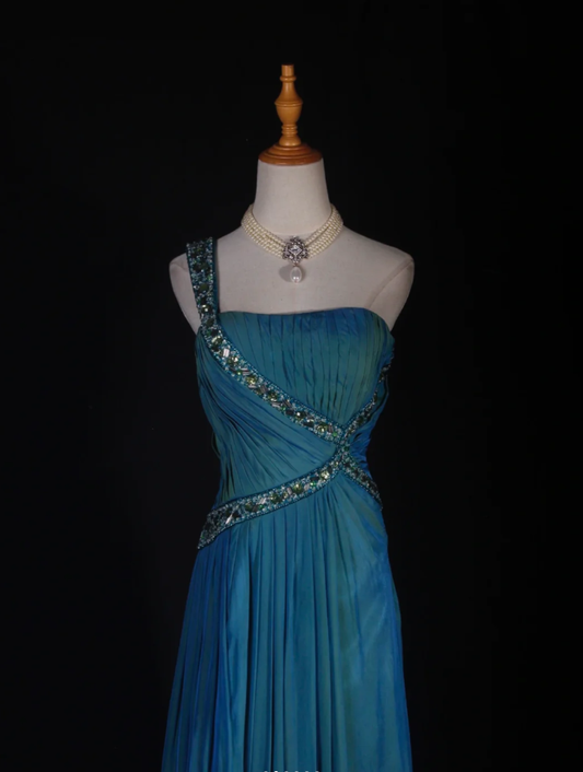 Unique Blue One Shoulder Satin Pleated Beaded Mermaid Prom Dress Long Birthday Evening Gowns