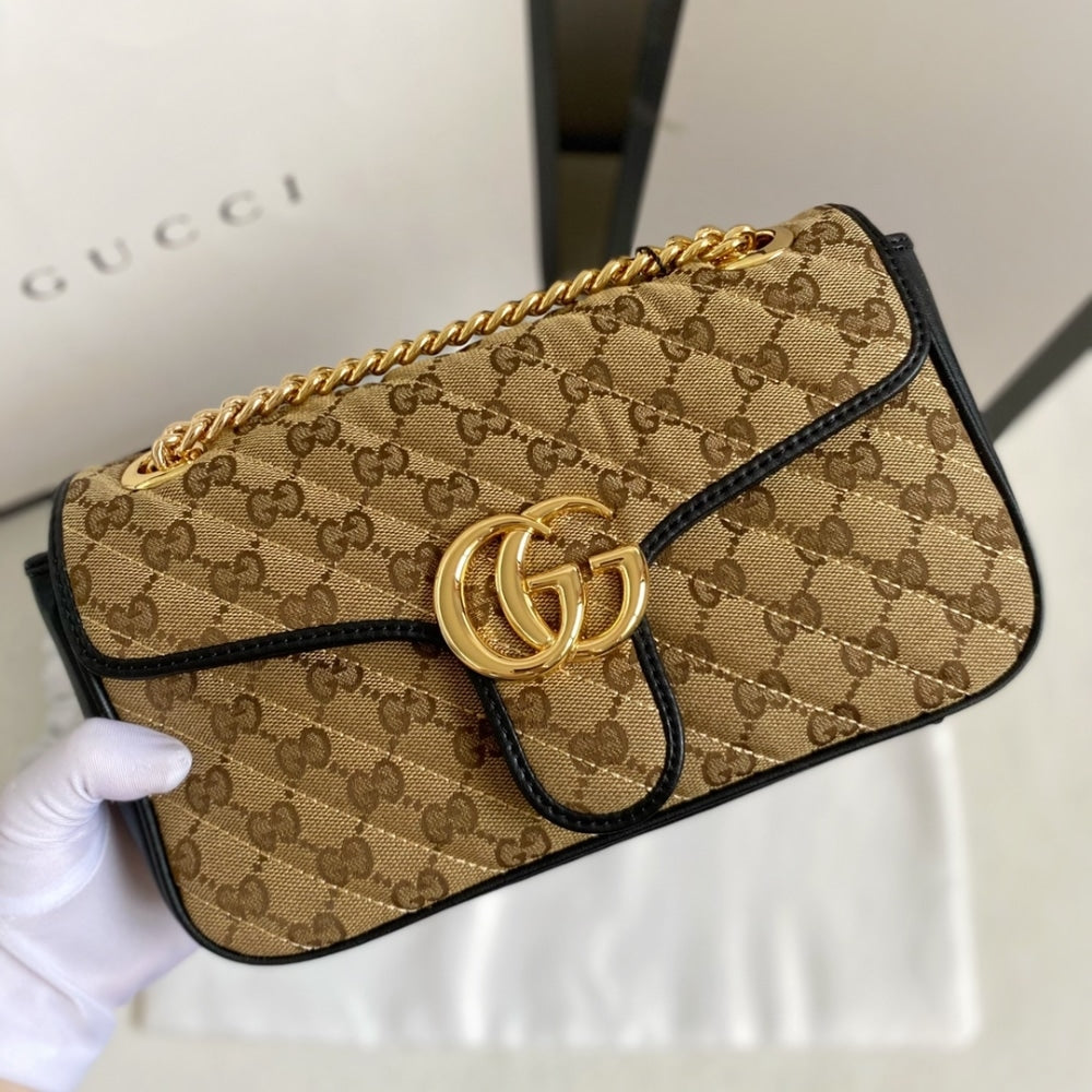 Gucci GG Marmont Shoulder Bag Beige And Black 26Cm 443497 HVKEG 9772