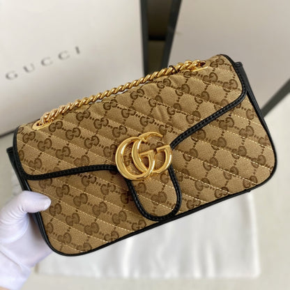 Gucci GG Marmont Shoulder Bag Beige And Black 26Cm 443497 HVKEG 9772