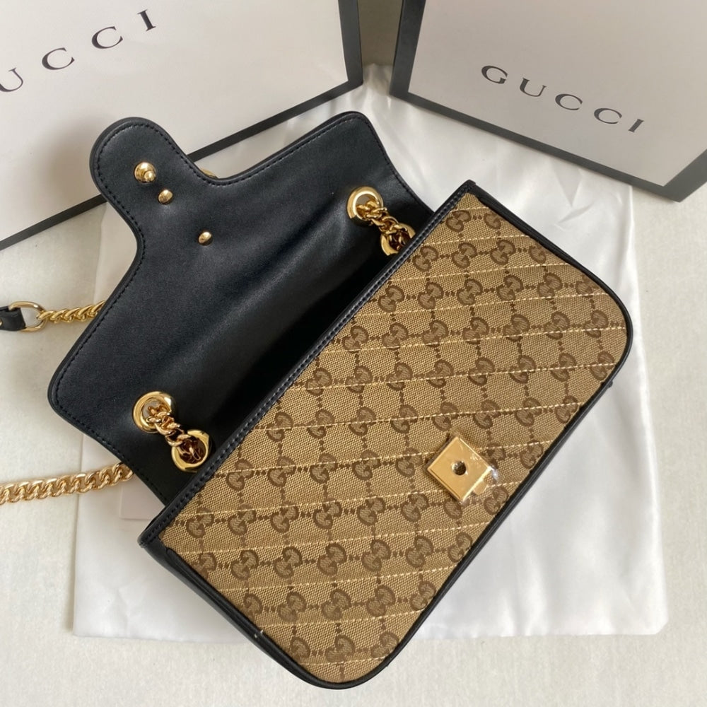 Gucci GG Marmont Shoulder Bag Beige And Black 26Cm 443497 HVKEG 9772