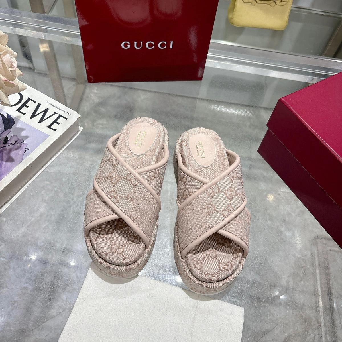 GUCCI WOMEN’S GG PLATFORM SANDAL LIGHT PINK 816798 FAD9D 6845
