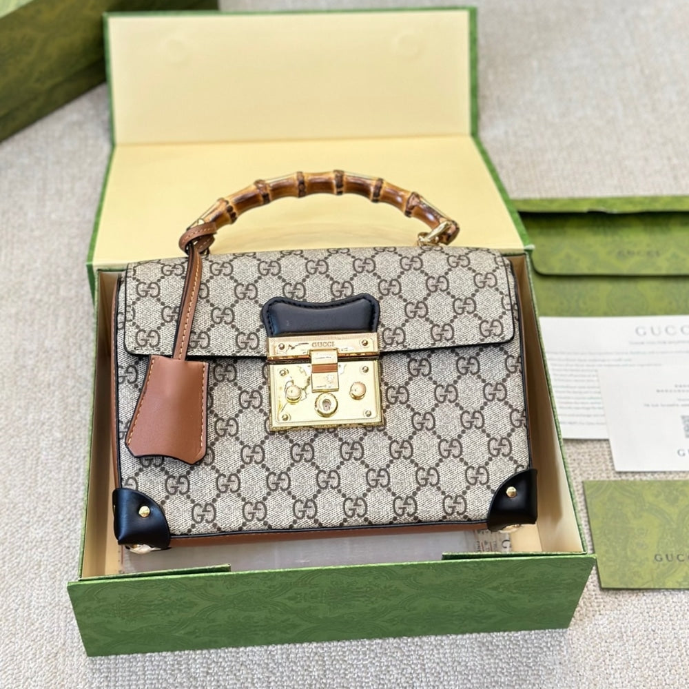 Gucci Padlock Bamboo Handle GG Supreme Handbag Brown 25Cm