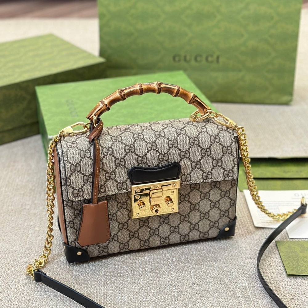 Gucci Padlock Bamboo Handle GG Supreme Handbag Brown 25Cm