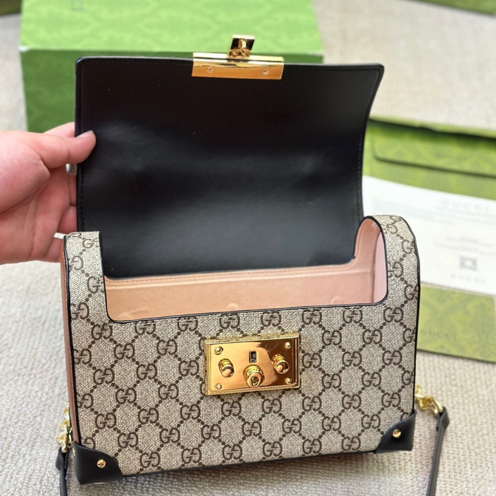 Gucci Padlock Bamboo Handle GG Supreme Handbag Brown 25Cm