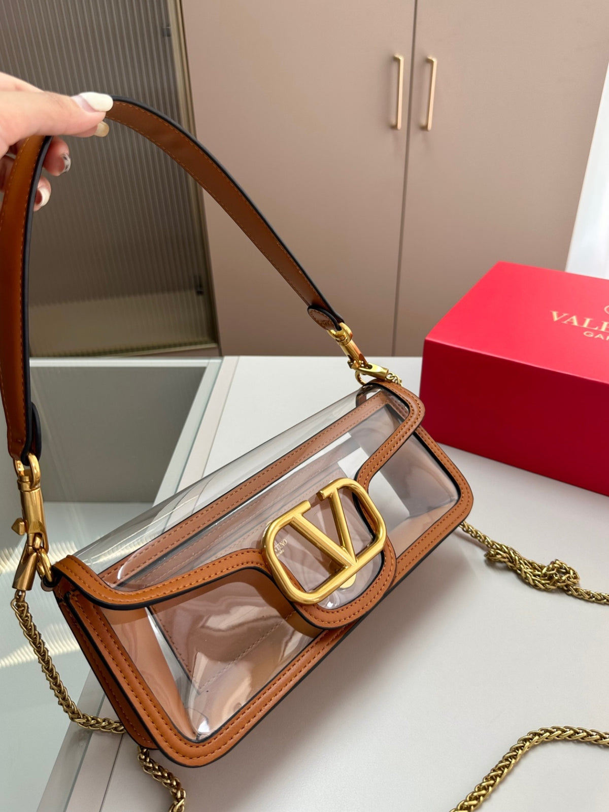 VALENTINO GARAVANI LOC? PVC AND LEATHER SHOULDER BAG BROWN 24CM