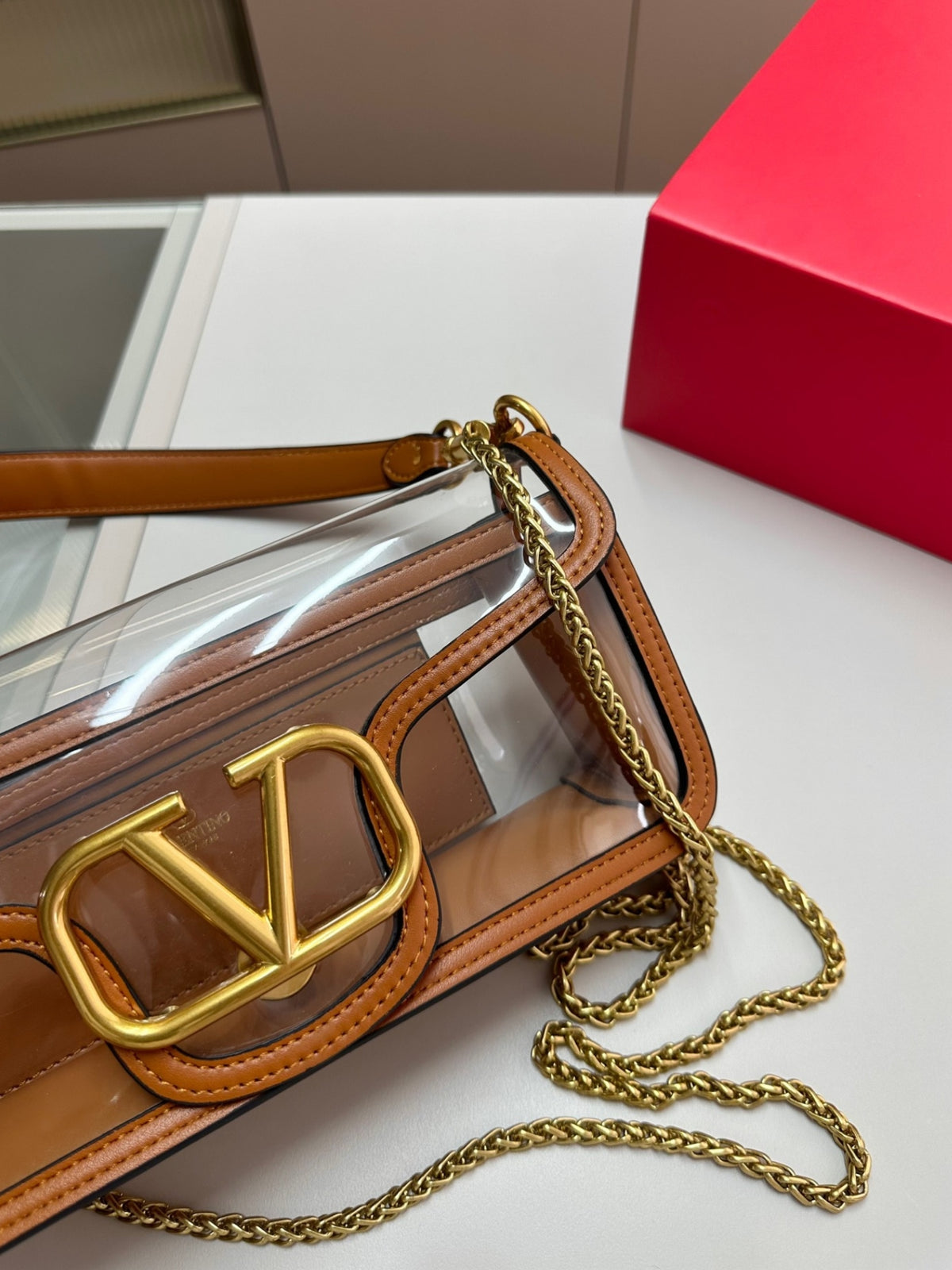 VALENTINO GARAVANI LOC? PVC AND LEATHER SHOULDER BAG BROWN 24CM