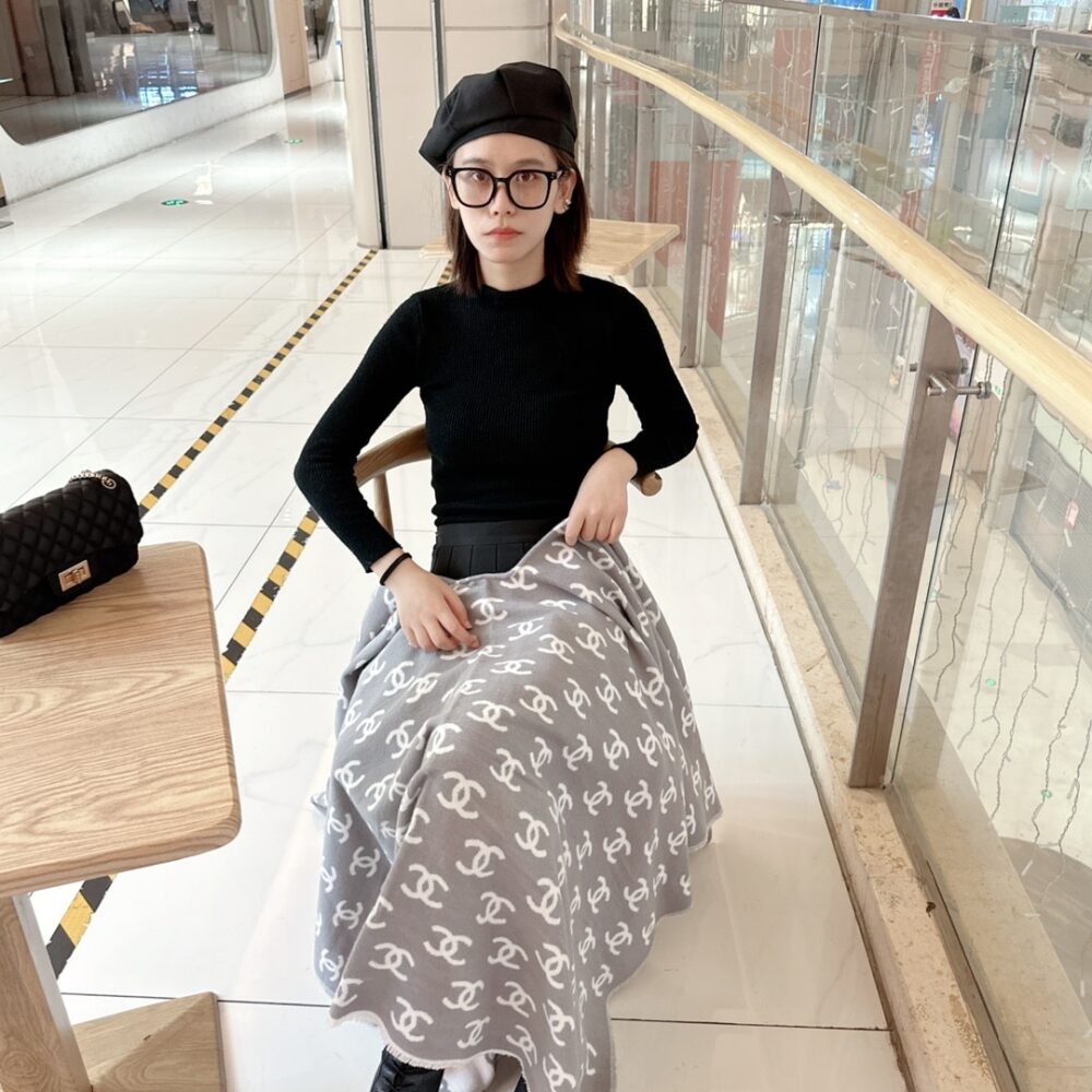 Chanel CC Logo Camellia Scarf Grey