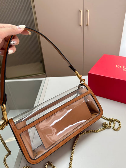 VALENTINO GARAVANI LOC? PVC AND LEATHER SHOULDER BAG BROWN 24CM