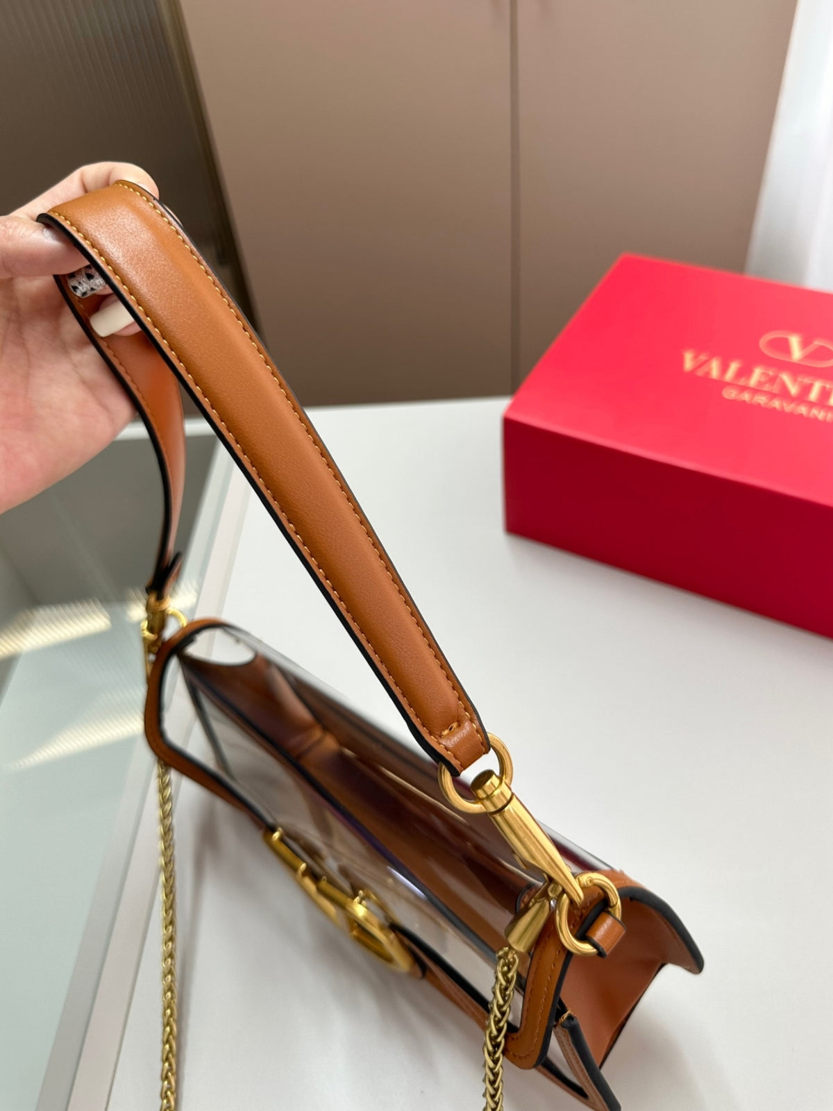 VALENTINO GARAVANI LOC? PVC AND LEATHER SHOULDER BAG BROWN 24CM