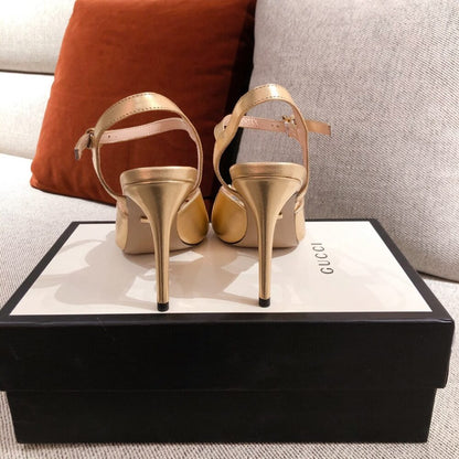 Gucci Ankle Buckle Strap Sylvie Chain Sandals In Gold