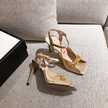 Gucci Ankle Buckle Strap Sylvie Chain Sandals In Gold